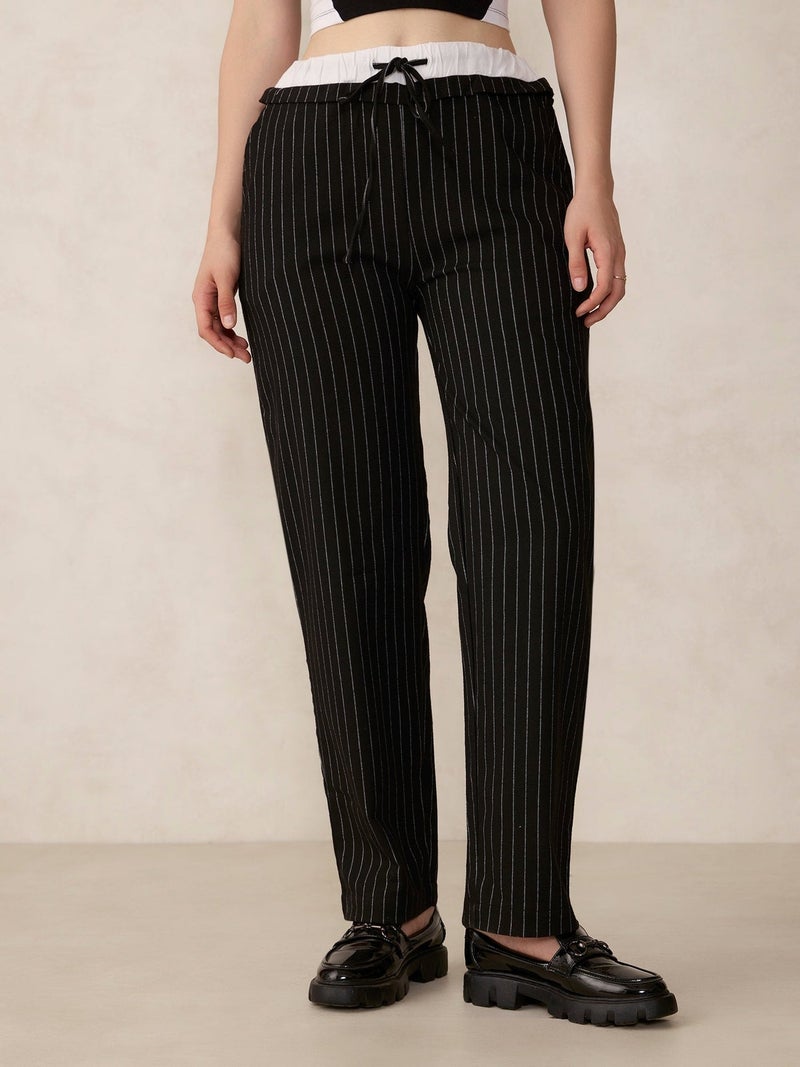 OUTZIDR Black Double Waist Band Stripe Trouser - Image 2